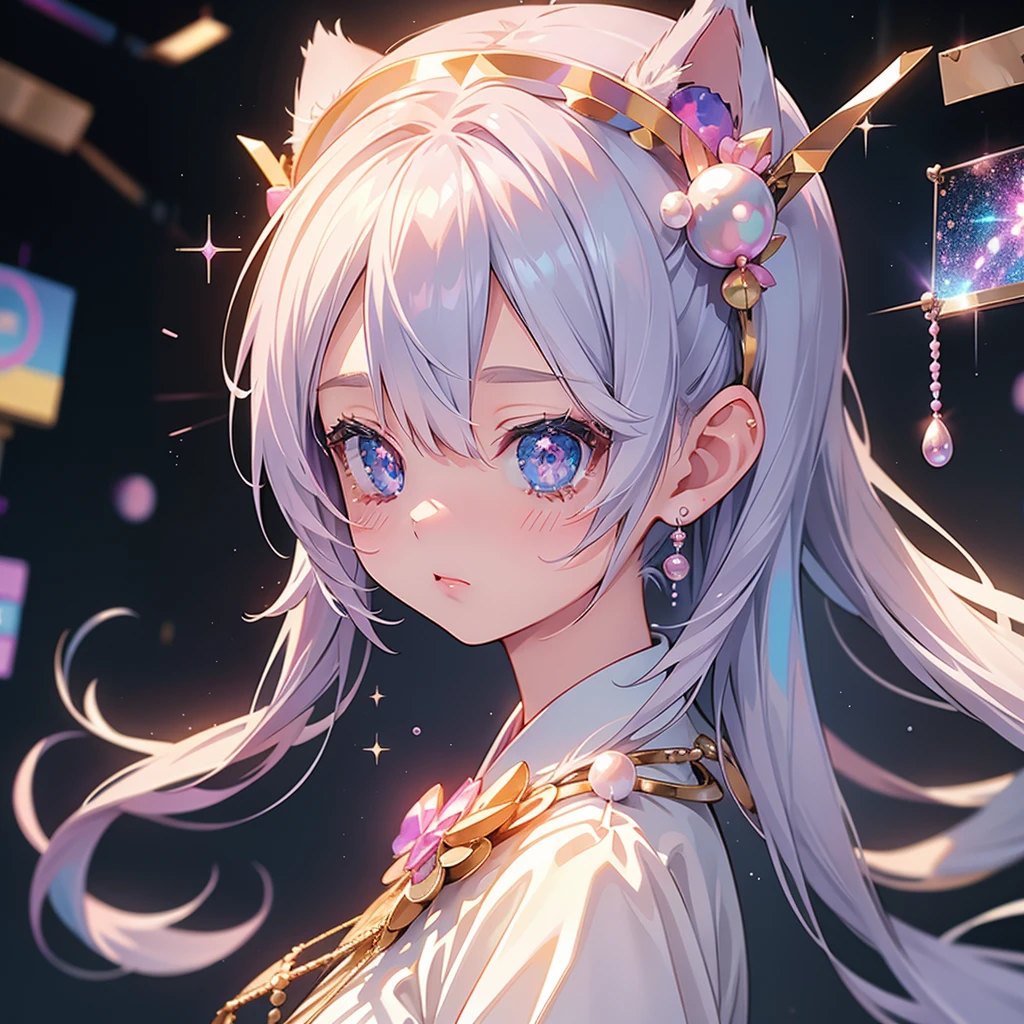 One Girl、Cute ears、Heavenly gate、Decorated with pearls、Realistic Anime、8k、Cinematic、creates a dramatic、Background glitter hologram、