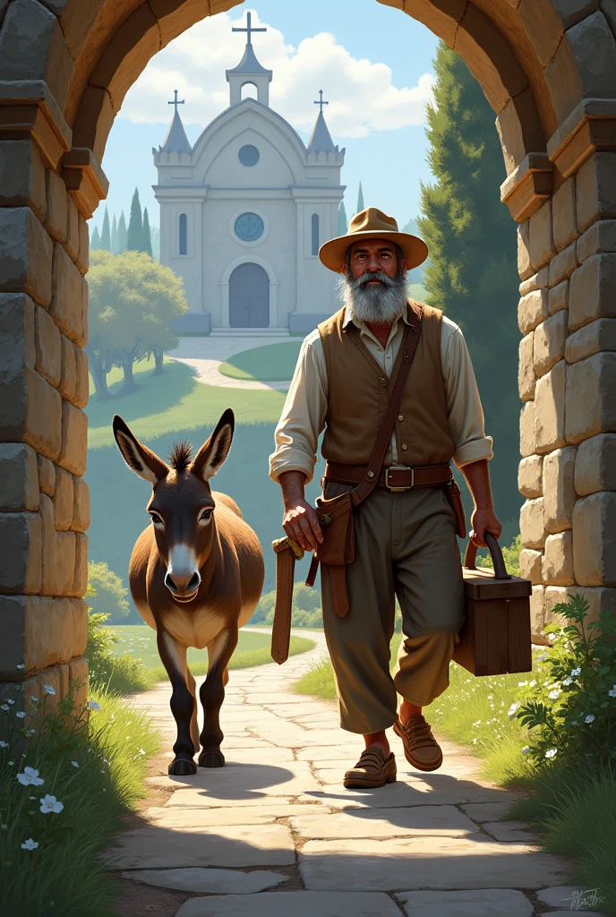 A man carpenter with a donkey and holding a tool box walking in the outside through chapel