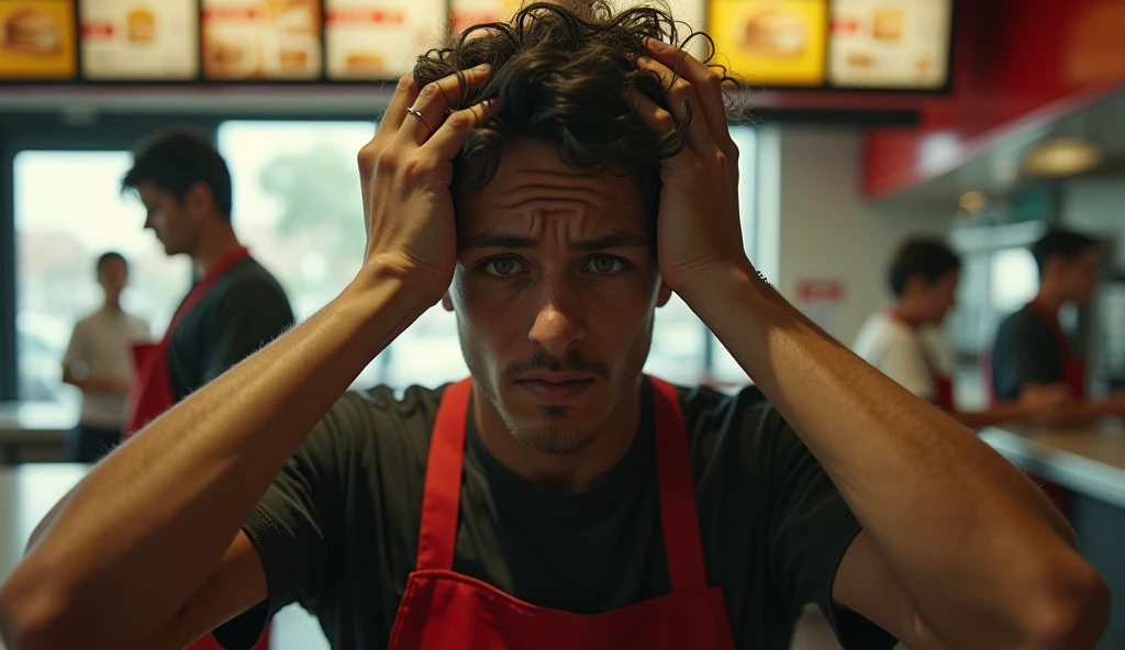 A scene with McDonald's attendants working and in the center a young man in the center highlighted, closeup, with deep dark circles, exhausted, with both hands pulling the hair, in despair, sobbing, semi realistic, cinematic.