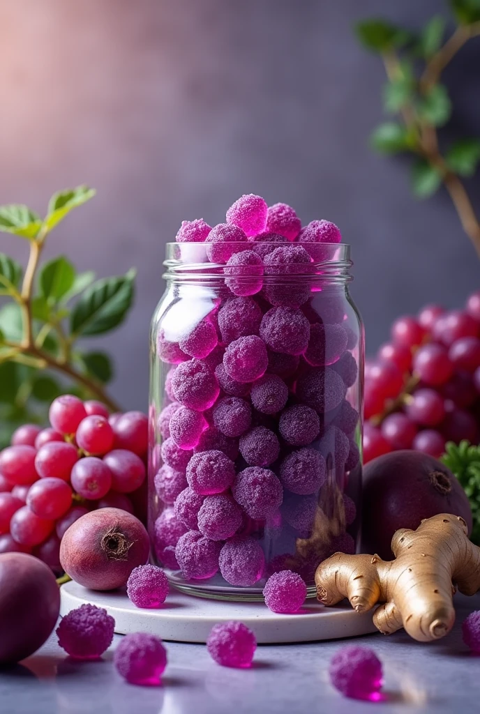 purple edible gummy candy jar with grapes backdrop, beets, ginger and guarana