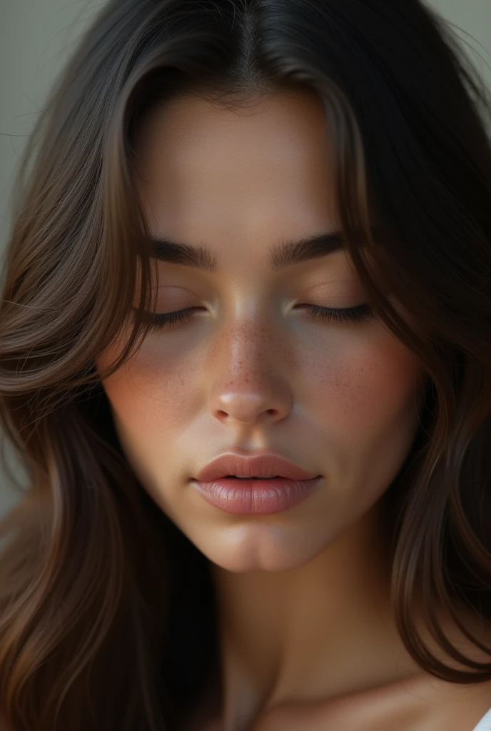 20 year old girl ((highly detailed women face)), (only spain girl, with fine face), with long brown hair and (beautiful detailled black eyes:1.2)(closed mouth), some facial imperfections, ultra detailed, beautiful girl, real human, striking features, beautiful, intricate details, tension, contrast, (high texture:1.2), ((spain gril:1,2)), high-quality rendering, high quality, detailed skin, vibrant details, hyper-realistic, ((Photo Focus, DOF, Aperture, insanely detailed and intricate, character, hypermaximalist))
