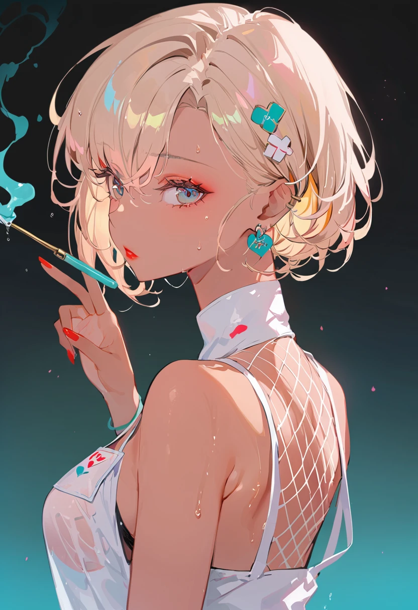 one girl, solo, abs, slender body, (upper body, bust:1.2), green eyes, blonde hair, bare shoulders, masterpiece, highly detailed, look at viewer, front view, (paint splashes:1.5), (abstract, psychodelic:1.5), (small breasts, tiny breasts, male chest, deep cleavage:1.5), (yukata, japanese clothes, choker:1.3), (transgressive art, octane render , saturated colors, pastel colors:1.3), (paint splashes background, colorful background:1.3), expressing joy, belts, shoulder-belts