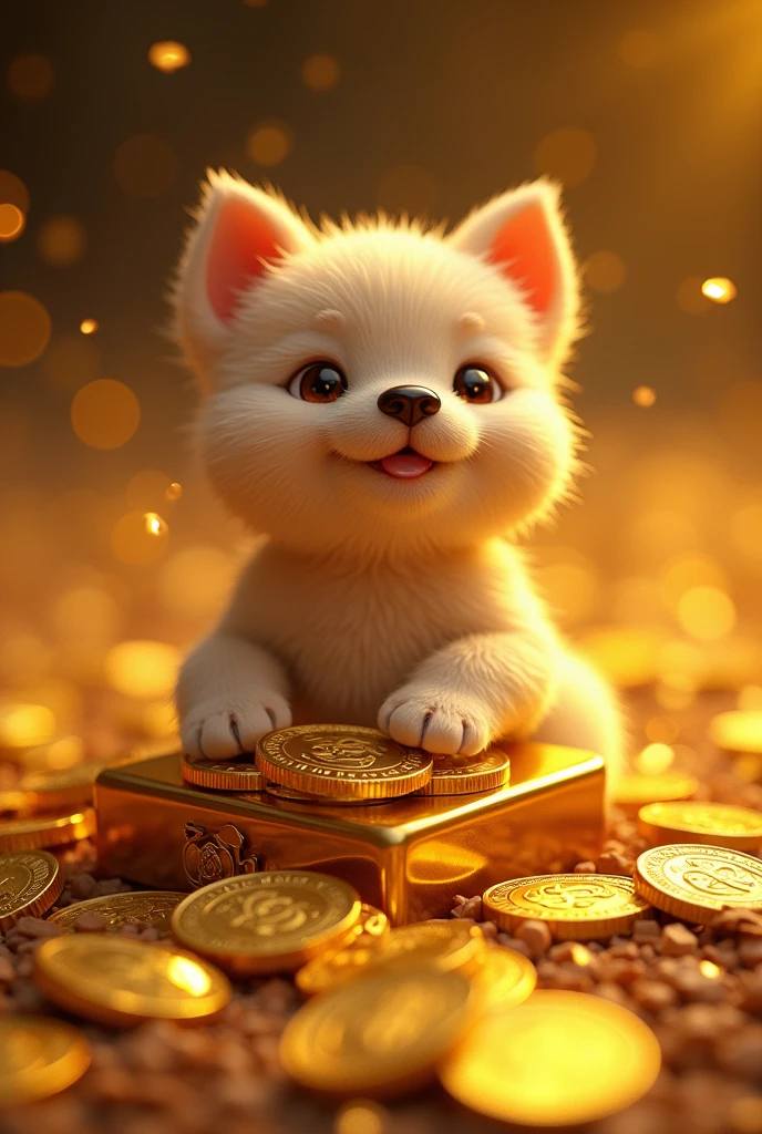 Gold Mountain, Gold coins, dog, Gold coins이 하늘에서 쏟아진다. Dazzling Gold, Golden Light, Golden Box, Gold coins, Delicate images, Detailed images , Zoom in further