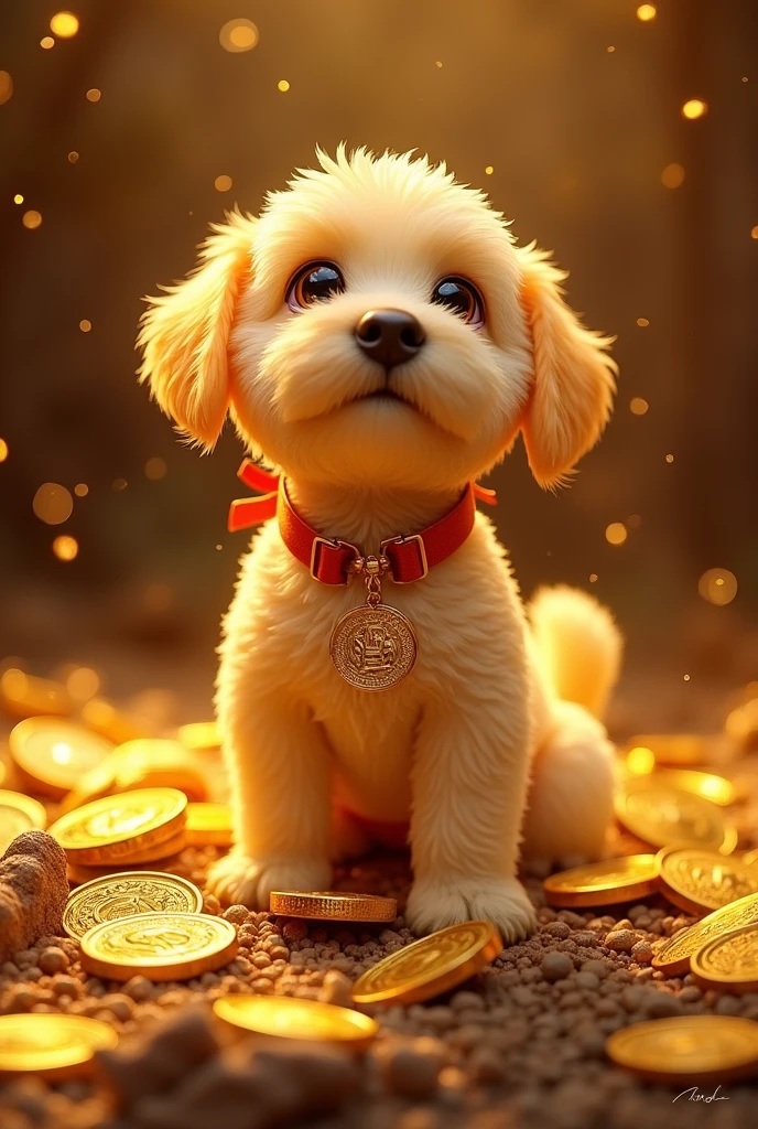 Gold Mountain, Gold coins, dog, Gold coins이 하늘에서 쏟아진다. Dazzling Gold, Golden Light, Golden Box, Gold coins, Delicate images, Detailed images , Zoom in further