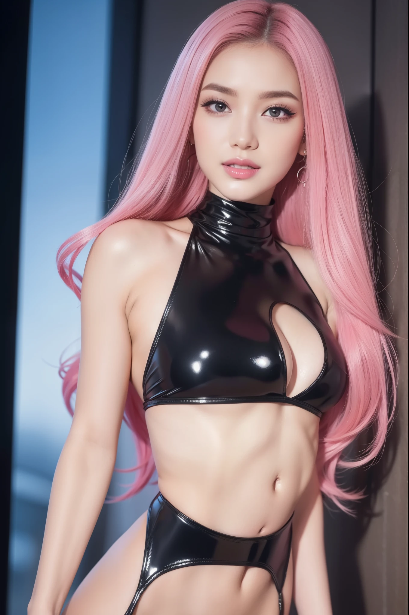 A sexy stylish female idol, glossy transparent lipstick, smiling face, defined eyebrows, long lashes, full body, wearing a sheer latex body in neon pink, colorful hair, monochromatic look, (best quality,4k,8k,highres,masterpiece:1.2),ultra-detailed,(realistic,photorealistic,photo-realistic:1.37),extremely detailed eyes and face, longeyelashes, (nsfw)