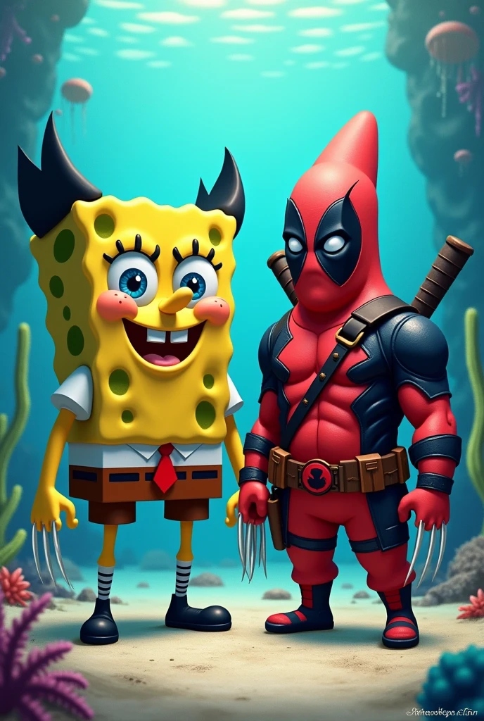 Sponge Bob dressed as yellow Wolverine and Patrick dressed as Deadpool