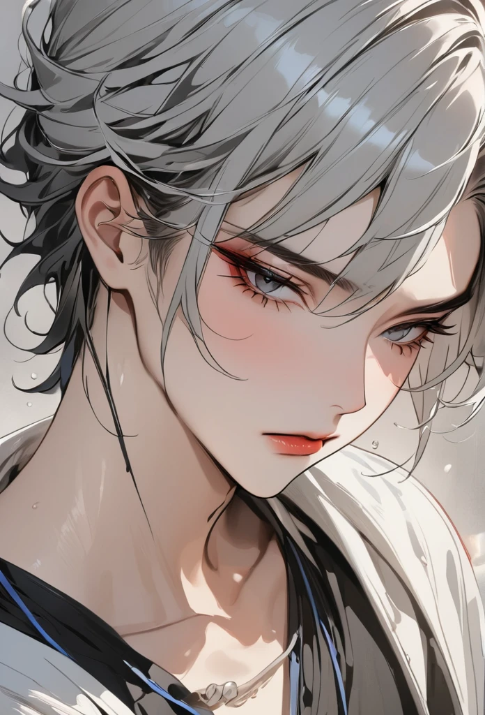 masterpiece, Highest quality, 8k ,4K , 1 male, Gray Hair、Twink close up、