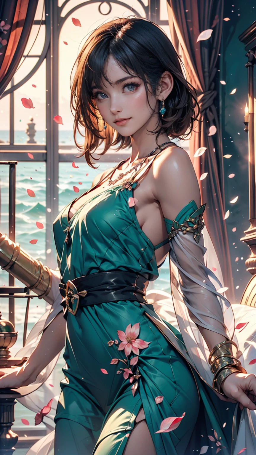 A playful and beautiful, delicate portrait of a girl with a boyish short haircut, Black Hair, Emerald Green Sea, Mischievous Smile, Dancing Petals, (Highest quality, masterpiece, Ultra-realistic) Floating petals in the background