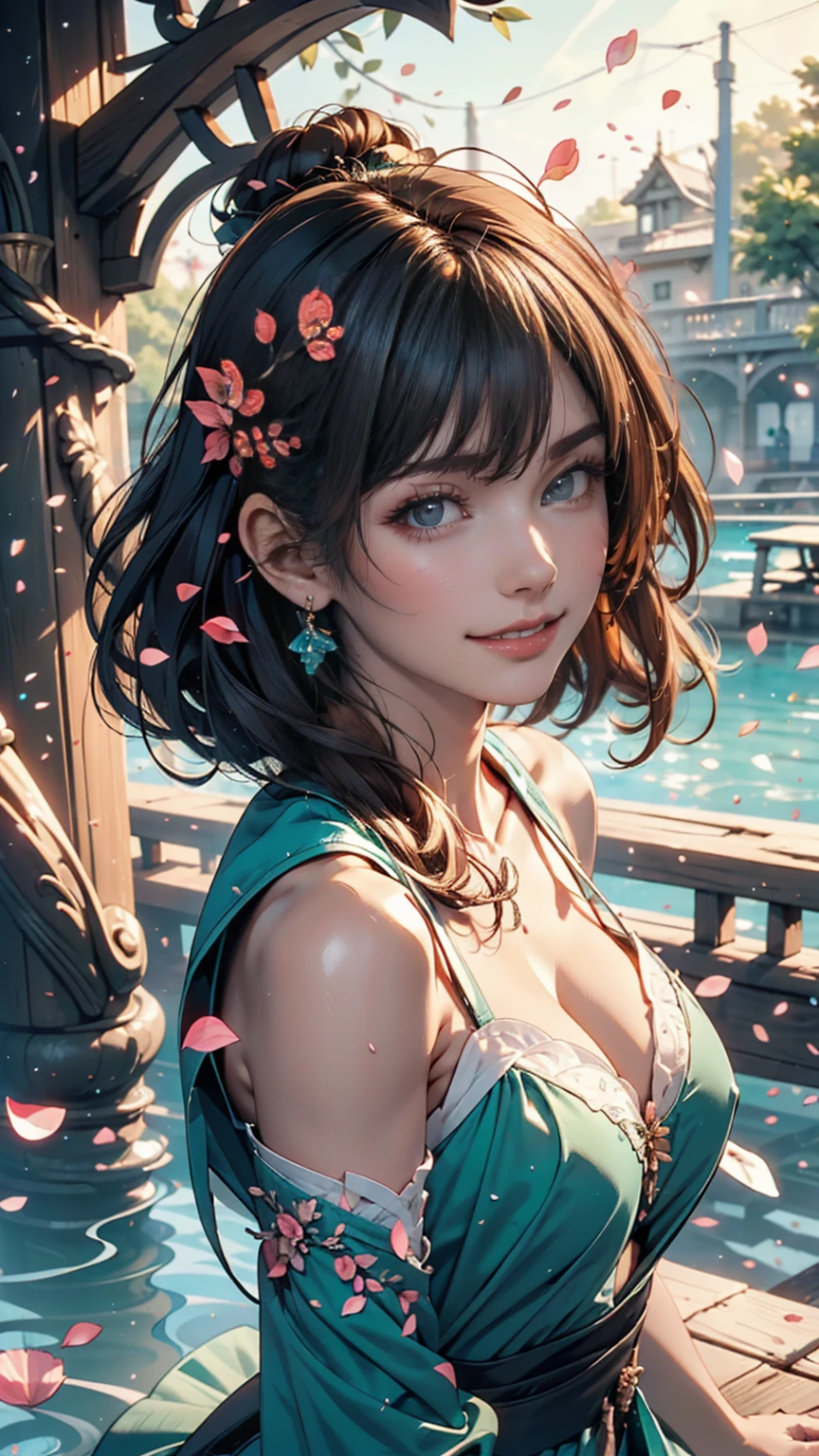 A playful and beautiful, delicate portrait of a girl with a boyish short haircut, Black Hair, Emerald Green Sea, Mischievous Smile, Dancing Petals, (Highest quality, masterpiece, Ultra-realistic) Floating petals in the background