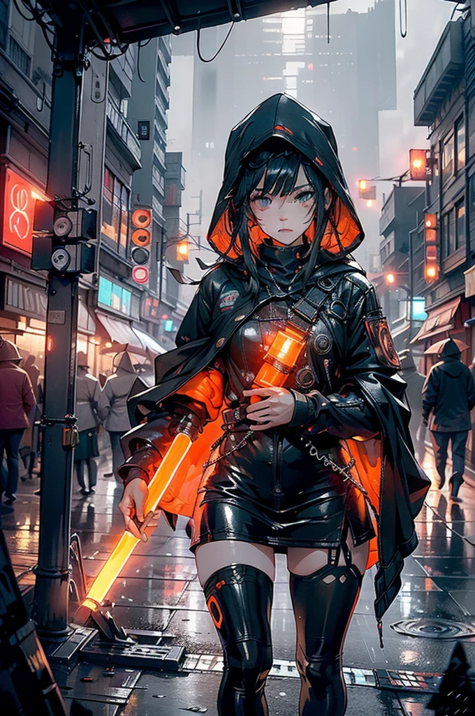 (Ultra photo realsisim:1.3),(Grainy:0.8), Natural lighting, Futuristic city, (rained:1.3), (Dark:1.3), (Heavy fog:1.2), red lights, orange lights, blue lights AND realistic girl, cape with hood, light logo, Cyberpunk clothing, red lights, orange lights,(Electric Colors:0.7)