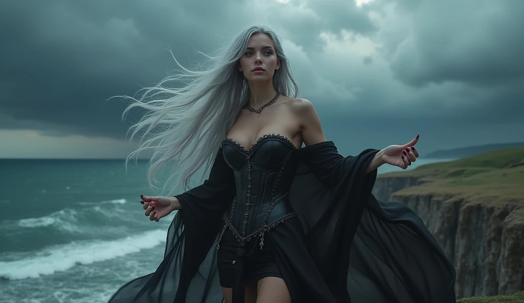A captivating female witch with long silver hair cascading over her bare shoulders, wearing a form-fitting black corset and a flowing cape. She stands atop a cliff, overlooking a dark, stormy sea. Her hands weave intricate gestures as she summons a powerful spell, the sky above swirling with dark clouds. Her enchanting gaze and exposed skin radiate both danger and allure, as the winds whip her cape dramatically around her. Aim for realistic depiction, make sure photos are at highest resolution (8K)