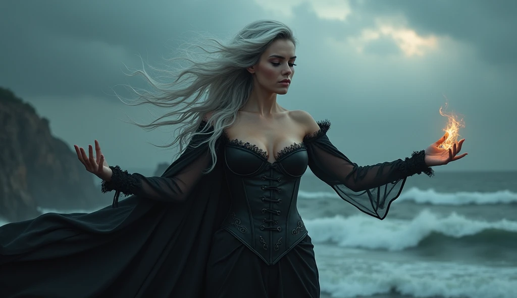 A captivating female witch with long silver hair cascading over her bare shoulders, wearing a form-fitting black corset and a flowing cape. She stands atop a cliff, overlooking a dark, stormy sea. Her hands weave intricate gestures as she summons a powerful spell, the sky above swirling with dark clouds. Her enchanting gaze and exposed skin radiate both danger and allure, as the winds whip her cape dramatically around her. Aim for realistic depiction, make sure photos are at highest resolution (8K)