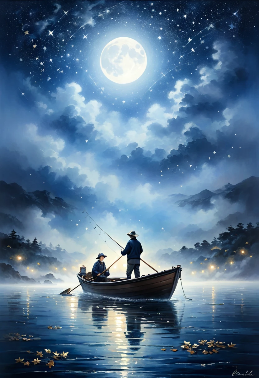 

               ( perfect anatomy )  There is a man fishing in a small boat on the sea. The fog is very thick. Dreamy fog painting. Fishing at night. Dark blue sea water. Starry sky. Moonlight leaves little starlight on the sea.(Bright stars) 深藍漸層色調



                         高動態範圍  intricate details  電影般的画面  藝術  繪畫般的 质地极其细腻, (unique style)Very detailed, fresh and elegant aesthetic style, airbrush digital oil painting, movie lighting, very beautiful, perfect composition, intricate details, Super detailed and exquisite high quality work from a master artist 