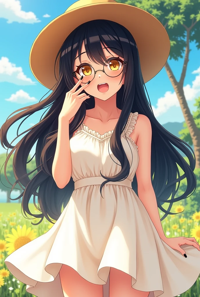 Anime girl, tan skin, yellow eyes, long black hair, white highlights, full body, white sundress, sun hat, smile, round glasses, black nail polish