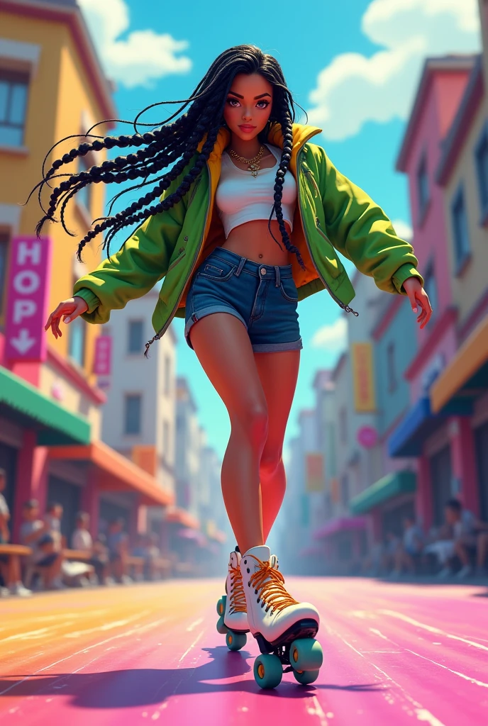 Personnage animé, adulte, cheuveux tressé
long, peau noir, veste verte, roller dance