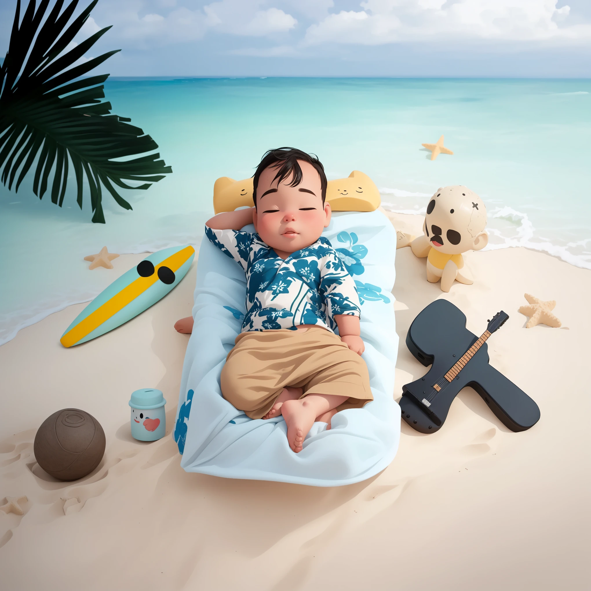 there is a baby that is laying on a blanket on the beach, vacation photo, photoshot, foto, it's is relaxing on a beach, 3D render, 3D Cartoon, big head, cartoonish look, high resolution, super detail, soft lighting
