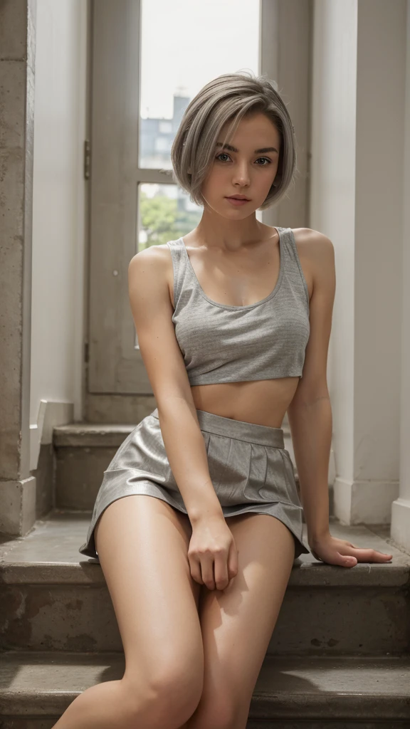 masterpiece, high quality, 16K, HDR,, Short-haired silver-haired girl wearing a mini-skirt and tank top, sitting on stairs,  figure, high-quality, high-resolution image.