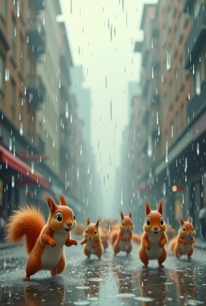 Squirrel rain falling everywhere evenly like rain on a city