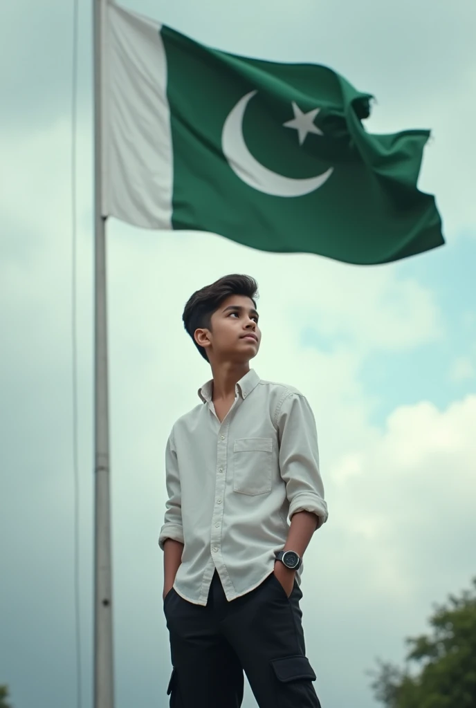 A 24-1 boy standing under pakistan's flag
Looking at the flag
White shirt,black cargo pant
Freanch crop hair cloudy weather
