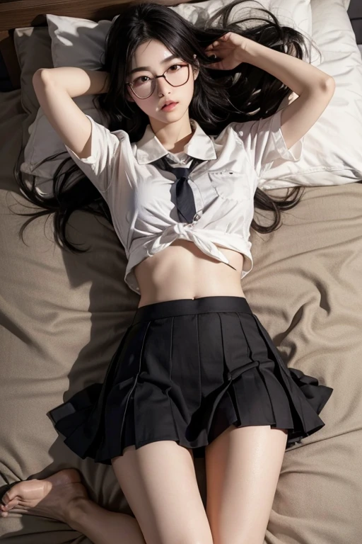 Korean girl wearing glasses, school uniform, short skirt, black hair, black eyes, showing thighs and navel, lying on the bed, barefoot, sweating, mouth wide open, arms tied, shy, squinting, both eyebrows raised