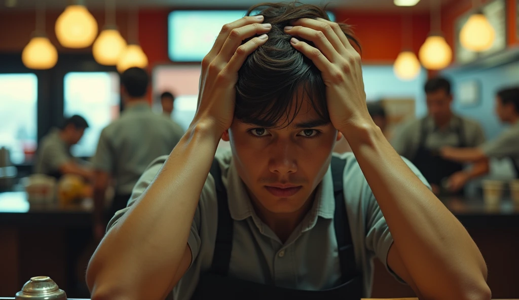 A scene with McDonald's attendants working and in the center a young man in the center highlighted, closeup, with deep dark circles, exhausted, with both hands pulling the hair, in despair, sobbing, semi realistic, cinematic.