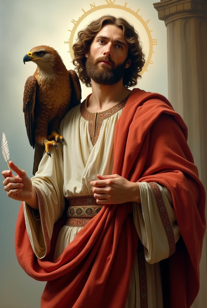Create an image of Saint John the Evangelist in a classical style, with a serene and contemplative expression. He must be wearing traditional clothes, with a flowing tunic and rich details. In one hand, he holds a feather, symbolizing the writing of the Gospel. on the shoulder, there must be an eagle, representing spiritual vision and higher understanding. The background can be soft and bright, with a spiritual atmosphere that highlights the presence of Saint John and his symbols