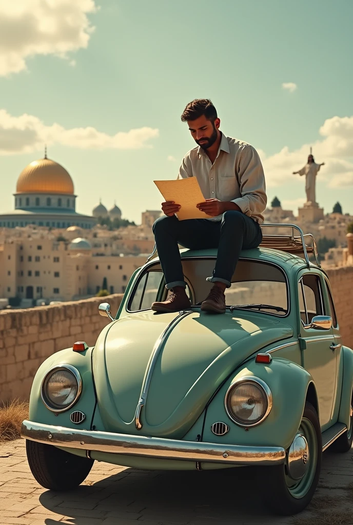 A man with a scratch paper on the roof of bettle on Jerusalem with jesus