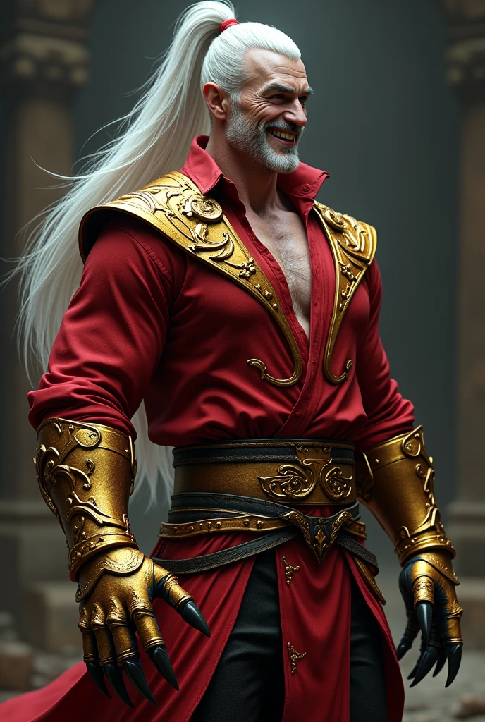 A tall man with long white hair tied up in a long ponytail, wearing gloves made from golden iron armor with long claws, wearing a red shirt with gold accessories, blood red pants with gold accessories, and a scary smile.