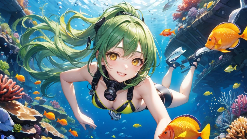 (Scuba Diving style) (enjoy Beautiful underwater), (panoramic, solo:2, 15 yo), (beautiful ponytail) (glossy beautiful green hair long hair) (beautiful cute girl), (glossy lip, happy smile, best beauty yellow eyes), (medium tits), in a Provocative Swimsuit, break, in the under sea in Okinawa, background deep undersea with Coral Farm, BREAK, perfect anatomy, masterpiece, best quality, 16k, beautiful detailed grow, daydreaming expression.