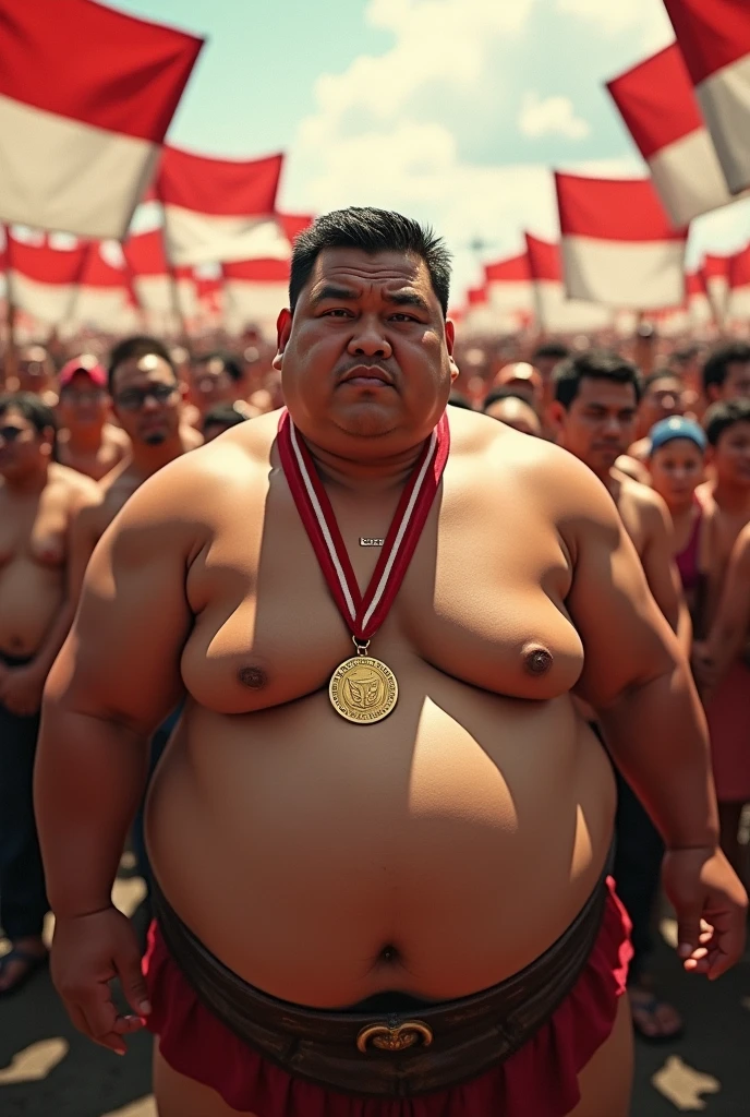 photorealism:1.2), A Very Fat and Big Indonesian Man, 40 years old, neat short black hair, face facing the camera, wearing only Sumo underwear, with a gold champion medal hanging around his neck and a red and white headband, behind him thousands of supporters carrying the red and white Indonesian flag, the location is at an airport, the writing "Kediri Airport" is clearly visible, realistic, intricate details, warm colors, by Greg Rutkowski, by Alphonse Mucha