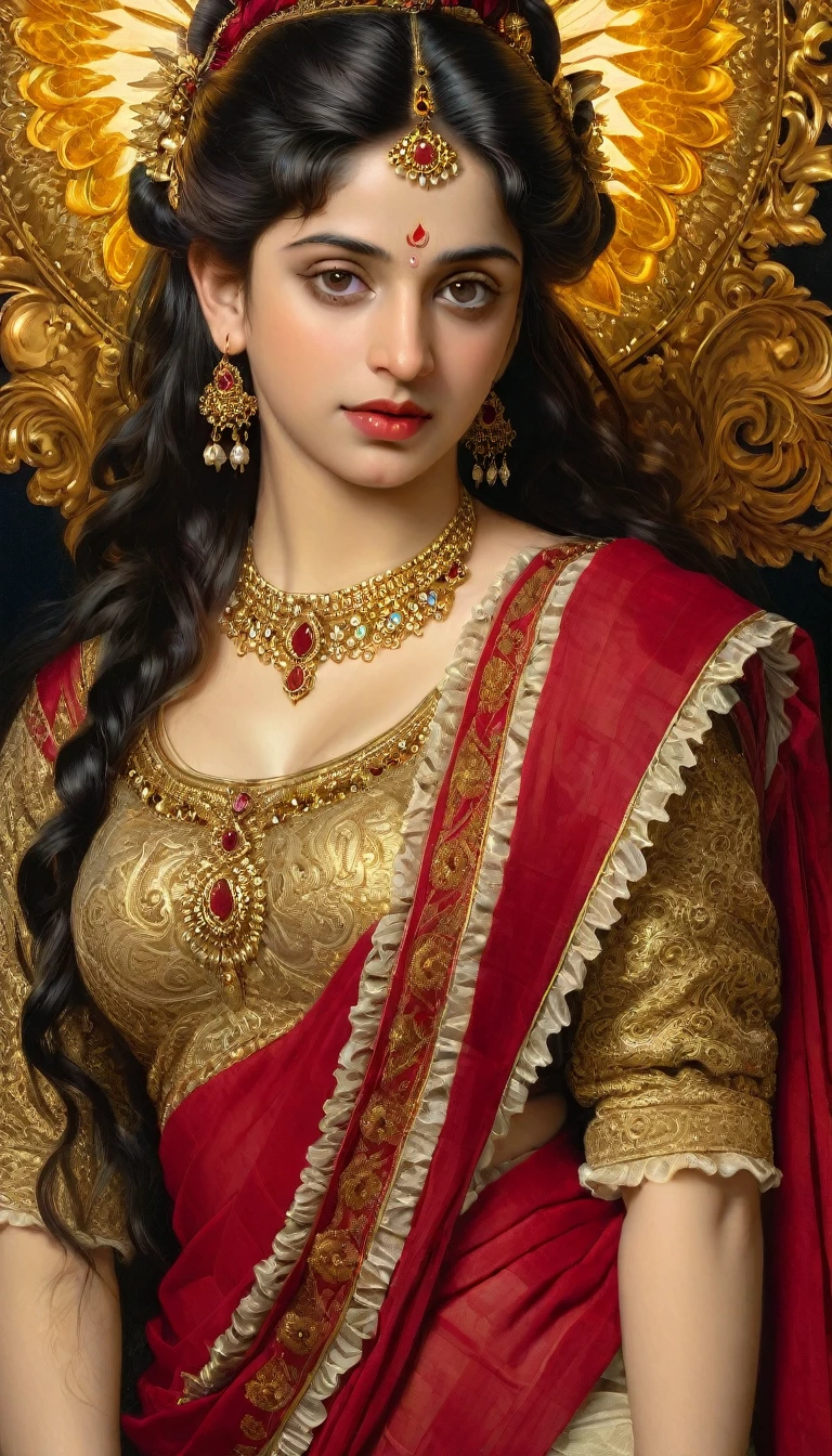 Beautiful Indian Woman , wearing red saree, sari Beauty, gorgeous, Apsara, Maharani, royal queen woman, nymph from Hindu Mythology, Urvashi, matchless beauty, Highly detailed, Oil Painting by Peter Paul Rubens inspired by Raja Ravi Varma, Matchless beauty, captivating, gorgeous, heavenly beauty, celestial beauty, by Peter Paul Rubens, 13, realistic, hyper realistic, micro details, incredible artwork, insane details, ultra High resolution, 8k, 32k, acrylic on canvas, intricate, flawless, detailed, detailed face, detailed eyes, masterpiece, by Peter Paul Rubens, by Caravaggio, by William Adolphe Bouguereau, perfect face, perfect body, beautiful art, realism, baroque, renaissance Art, highly textured, beautiful and detailed eyes, uhd, best quality,