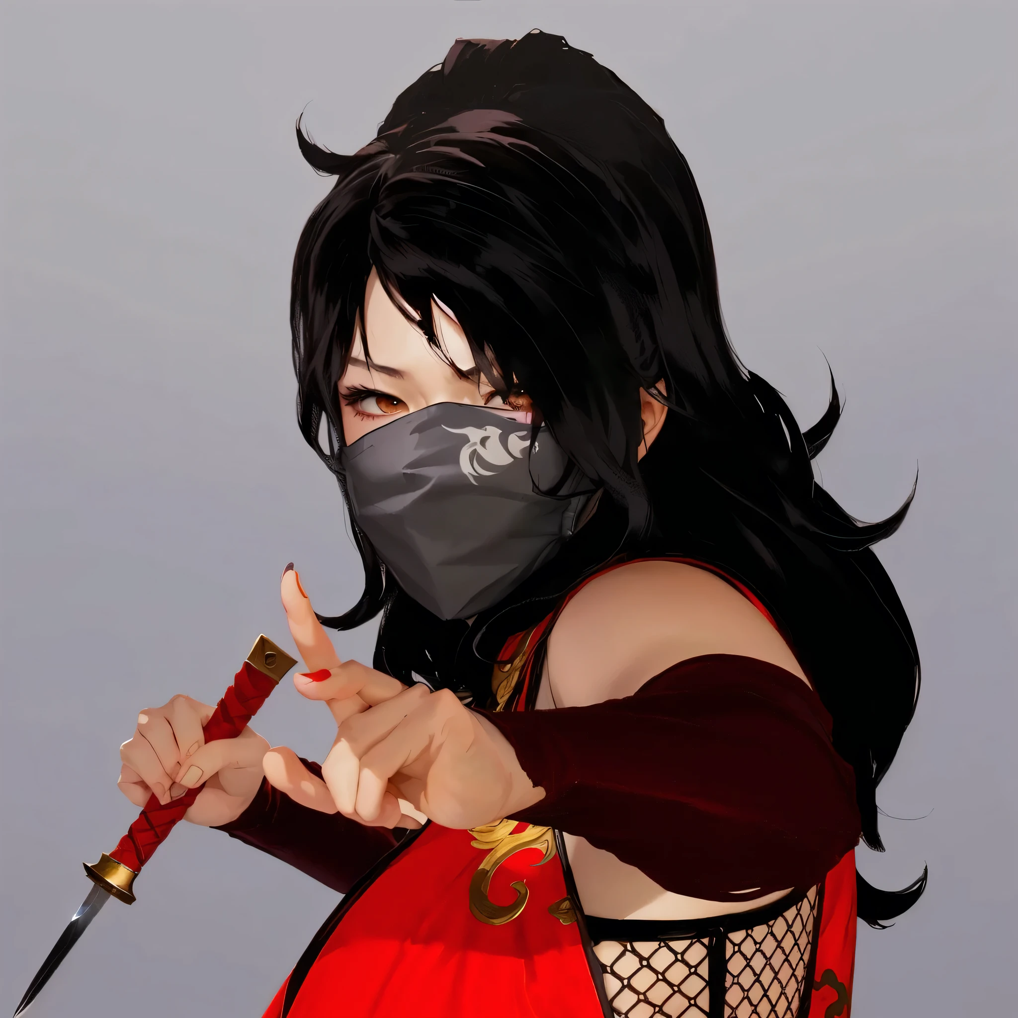 Anime woman in a mask and red dress holding a sword, knife zero video game character, dramatic wielding knife pose, fighting game character, Inspired by Li Mei-shu, she is holding a knife sword, knife, holding knife, wielding a knife, unsheathing her knife, Mirabelle Madrigal&#39;s rendering, Fighting Pose