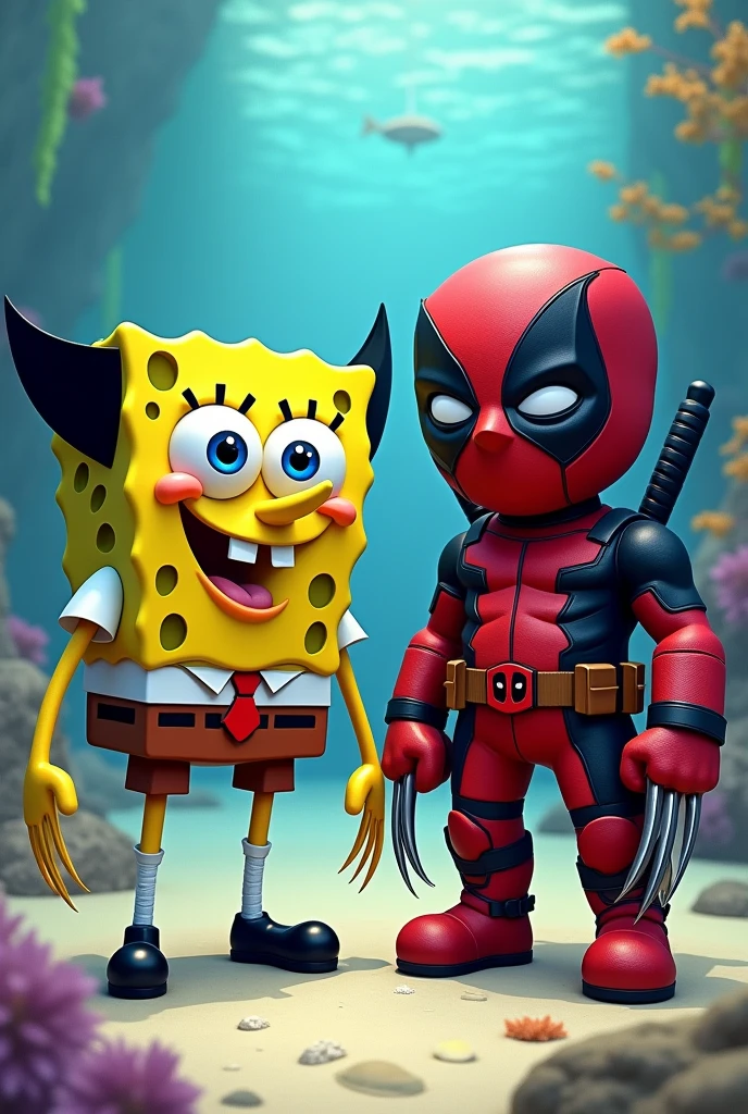 Sponge Bob dressed as yellow Wolverine and Patrick dressed as Deadpool 