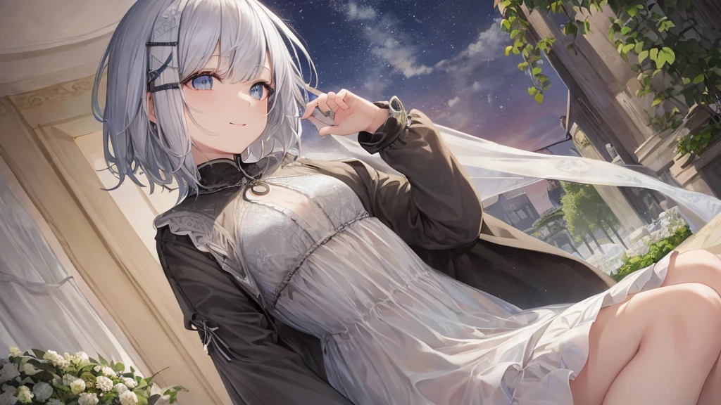 Ultra HD,Look at the viewers, Place your hands behind your back, and, 20-year-old, 非常にshort hair, Long bangs between the eyes, Pale blue eyes, Very detailed,(masterpiece、Highest quality),Gray Hair、Laughter、wonderful, Silver Hair, iris, short hair、 Fluttering Hair、Small face、明るいsmile、(Detailed face) ,Professional Lighting,wonderful風景,blue sky, sunlight,Looking down from above,Portraiture、Open your mouth、Flower Field、Her eyes were shining、Mysterious and enchanting atmosphere。With AI Painting、andてもshort hair, Long bangs between the eyes, Very detailed,(masterpiece、Highest quality)、alone、Gray Hair、Fantasy, Silver Hair, Fantasyな風景、smile、Open your mouth、short hair、short hair、hairpin、black eye、Grey Eyes、Beautiful Eyes、Black Shirt、White hoodie