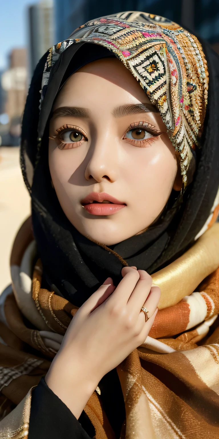 beautiful girl in hijab, 19 year old girl, perfect face, expressive eyes, makeup, eyeshadow, eyeliner, luxurious hijab, patterned hijab, hijab decoration, brooch, currently in a busy city,