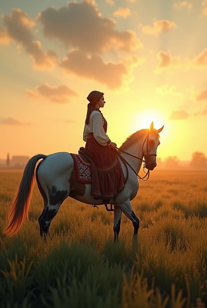 A Kuban Cossack woman with a dapple horse went out into the field at dawn