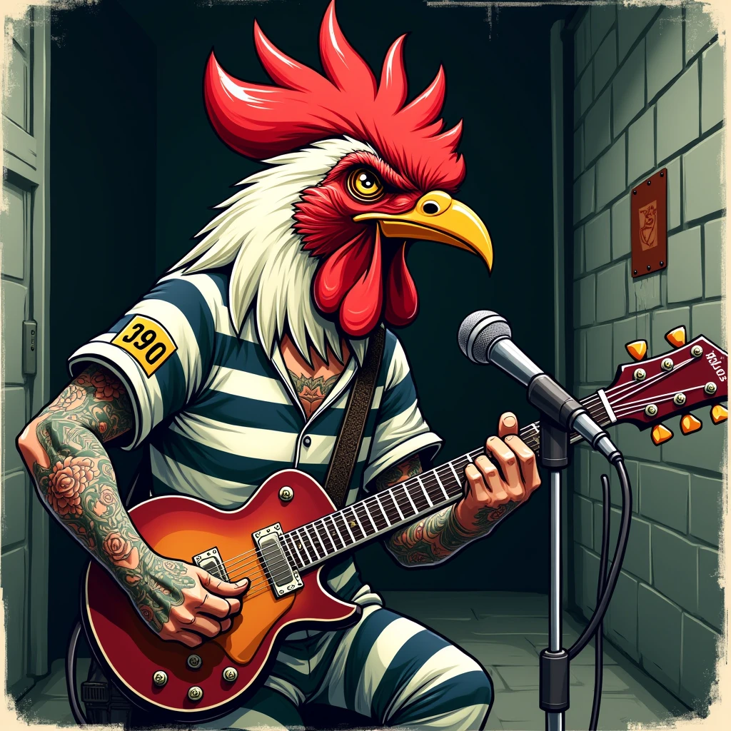 image of a rooster in prison clothes, with tattoos, playing the guitar, and with a microphone singing