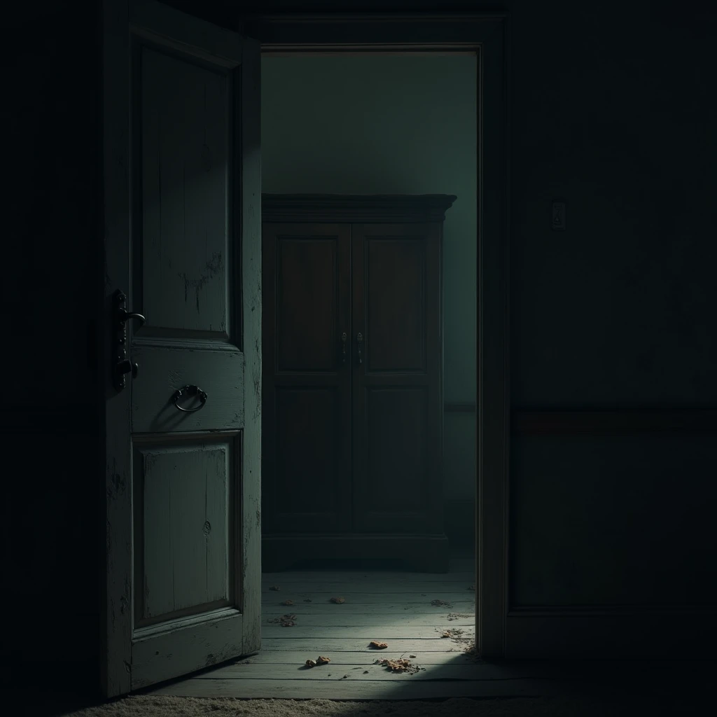 The door creaking open slowly by itself, revealing an eerie,dark room inside,with an old wooden wardrobe barely visible in the shadows