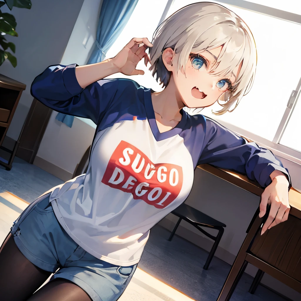 Long shot,ground shot, ground shot, front angle, face forcus,beautiful girl,fullbody, high quality, masterpiece,break, uh1, shirt, raglan sleeves, romaji text, clothes writing, long sleeves, denim shorts, pantyhose, fang, T-shirt,writting,T-shirt that says "Sugoi Dekai",beautiful girl's face, (very beautiful girl's face)