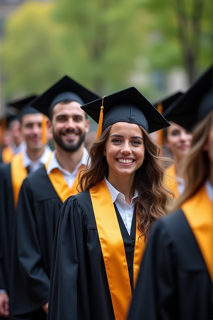 The image features a group of people wearing various types of clothing. The individuals are dressed in academic attire, including graduation gowns and mortarboards. They appear to be smiling in the image.