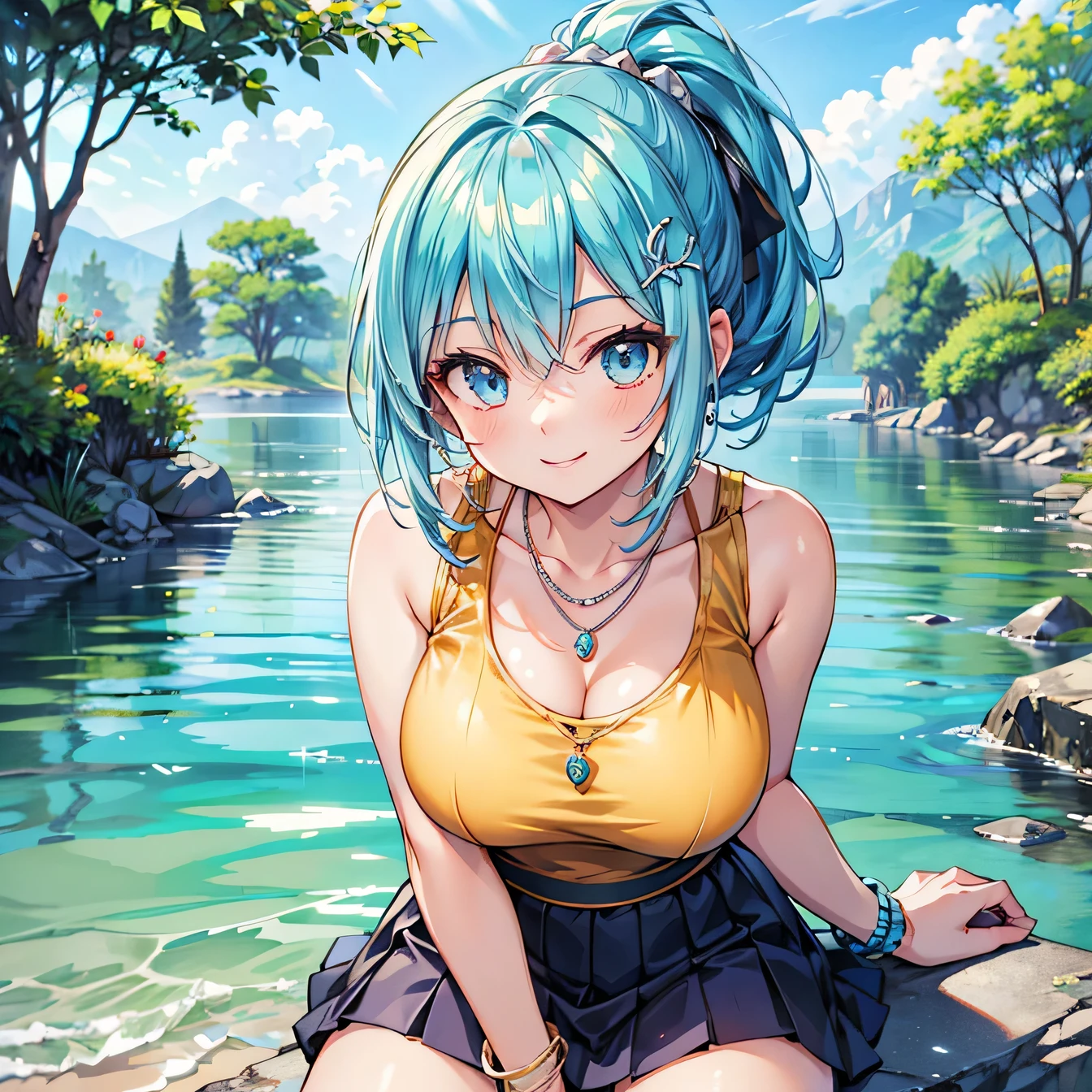 Anime Moe Art Style,Highest quality,High resolution,Anatomically correct,Mid-teens,With her light blue hair in a ponytail,Super detailed,Big Breasts,Shiny skin,Beautiful Skin,A rich expression,Bright smile,Sit on the riverbank,Sleeveless blouse,flare skirt,necklace,bracelet,hair ornaments,Eyes drawn in detail,8k