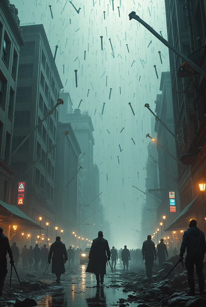 Pluie d’épée tombant partout de  comme de la pluie sur une ville 