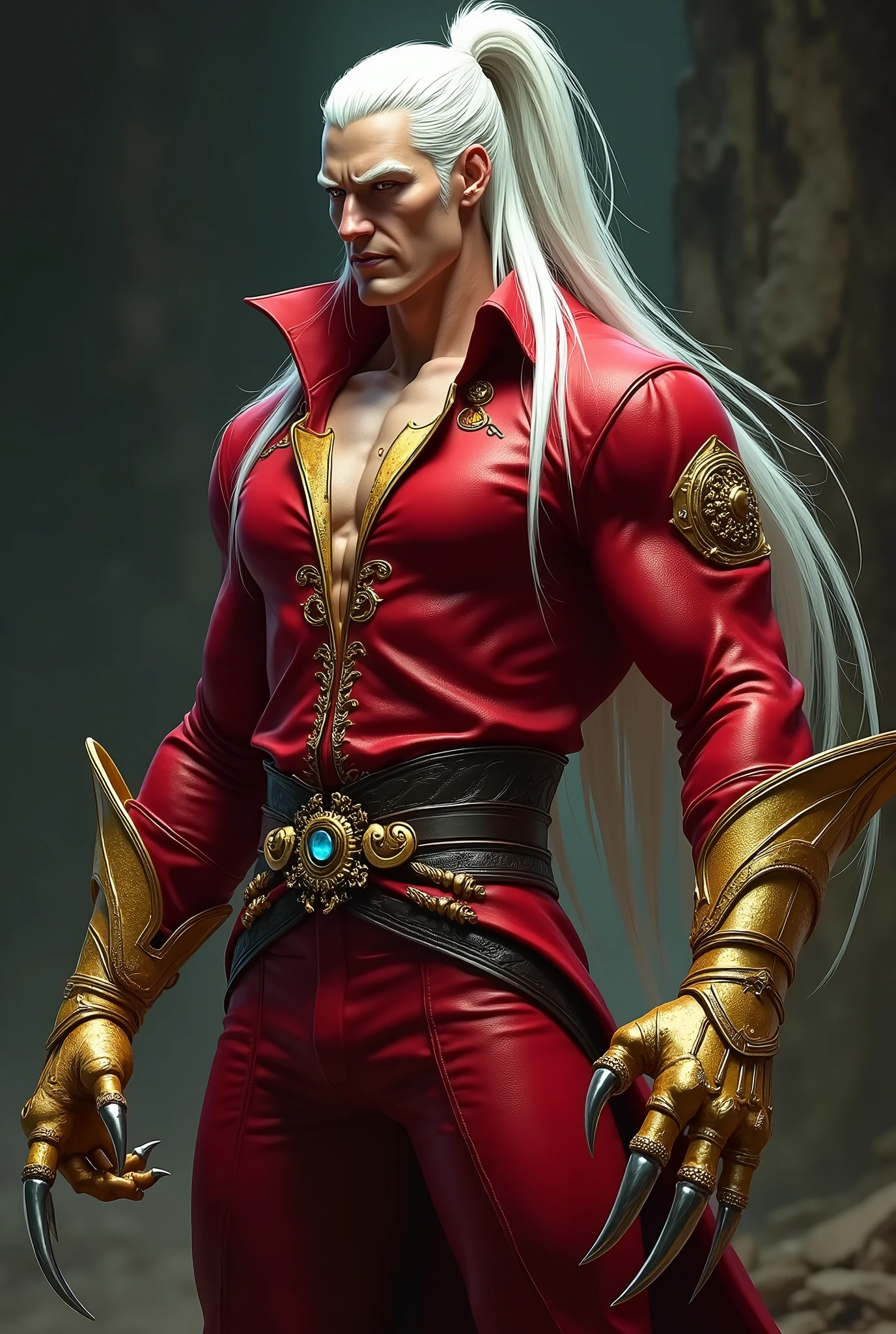 A tall man with long white hair tied up in a long ponytail, wearing gloves made from golden iron armor with long claws, wearing a red shirt with gold accessories, blood red pants with gold accessories, and a scary smile.