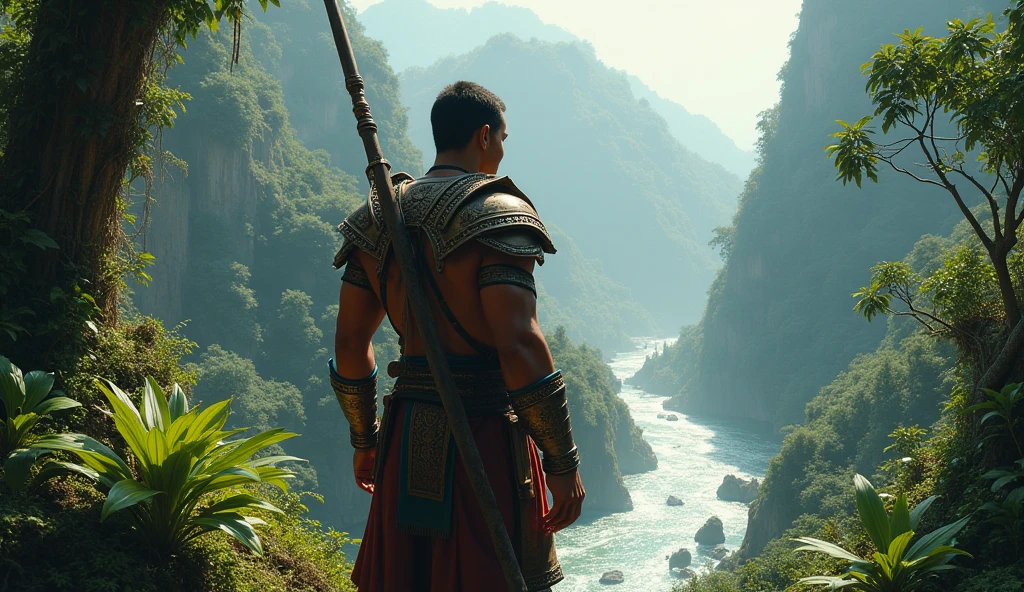 a tall, young, handsome and strong Filipino warrior stumbled upon a large stream on a distance