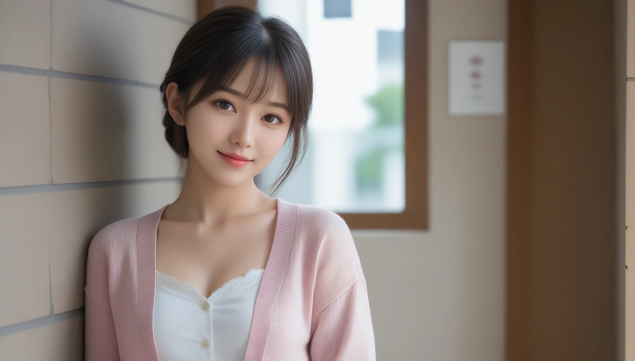 8k, Ultra-high resolution, Highest quality, masterpiece, 三分割法によるphotograph,Surreal, photograph, 1 Girl, (:1.3), cute, cute顔, 細部までBeautiful Eyes, 細かくdetailedに,masterpiece,One Girl:1.2,Japanese women,Young Wife,cowboy shot,smile,Black hair,Curtain bangs,(Collared shirt:1.3),cardigan,Pencil Skirt,Brick wall background,woman leaning against the wall,Arrival of spring,(Beautiful attention to detail),Subtle details, detailedな顔, smile,attractive,(のポートレートphotograph:1.4),(Photorealistic images:1.4),Fantasy art,(Beautiful Face:1.4),美しくattractive目、Beautiful Eyes、(Tight waist:1.4)、(Beautiful with perfect body proportions:1.4),Pink Lips,Looking at the audience,(((Ideal body type))),A-cup small breasts :2,、Portraiture:2、Perfect Anatomy、鮮明なdetailed、detailed,Fashion magazine cover,Thin lips,完璧でBeautiful Face ,完璧でcute顔, Skin with attention to detail, Perfect limbs、Narrow waist,Surreal,Light and shadow,sunbeam