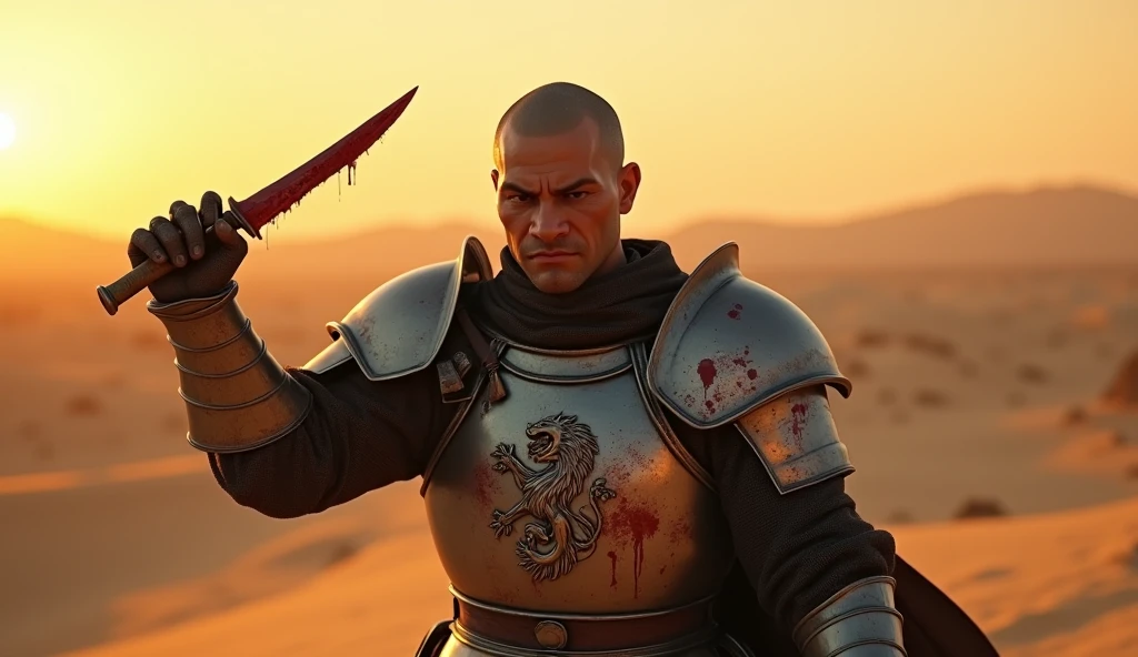 A highly realistic, high-contrast, 8K HD, detailed, hyper-detailed image of Tadakoro, a medieval knight with a shaved head, raising a small knife in a fierce and determined strike. Tadakoro is dressed in steel armor, featuring the exact lion emblem as shown in the provided image, prominently displayed on his chest. The scene takes place in a desert at sunset, where the golden hues of the setting sun illuminate the barren landscape. The atmosphere is intense, with Tadakoro's face reflecting pain and resolve as he wields the blood-stained knife. The armor, with the lion emblem clearly visible, is splattered with blood, adding to the raw emotion and drama of the moment. The image is of the highest quality, with ultra-high resolution, RAW photo quality, and Unreal Engine rendering, capturing the essence of Tadakoro’s struggle and determination.