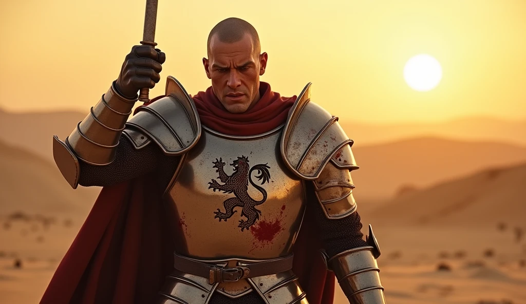 A highly realistic, high-contrast, 8K HD, detailed, hyper-detailed image of Tadakoro, a medieval knight with a shaved head, raising a small knife in a fierce and determined strike. Tadakoro is dressed in steel armor, featuring the exact lion emblem as shown in the provided image, prominently displayed on his chest. The scene takes place in a desert at sunset, where the golden hues of the setting sun illuminate the barren landscape. The atmosphere is intense, with Tadakoro's face reflecting pain and resolve as he wields the blood-stained knife. The armor, with the lion emblem clearly visible, is splattered with blood, adding to the raw emotion and drama of the moment. The image is of the highest quality, with ultra-high resolution, RAW photo quality, and Unreal Engine rendering, capturing the essence of Tadakoro’s struggle and determination.