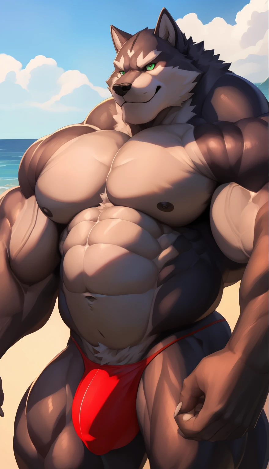 upload on e621, by null-ghost, Zil, Masterpiece, best quality, ultra high res, 4K, 8k HD, 2D, perfect anatomy, digital art, official art, extreme detailed, ultra detailed, strapsanime, color, soft shading, sharp focus, beach background, 1boy, body fur, belly, detailed fluffy fur, ultra detailed face, detailed eyes, detailed iris eyes, detailed green eyes, white sclera, mischievous smile, black pupils, navel, abs, bare pectoral, claw nails, furry Husky male, mature male, Massive body, ((really big muscle, massive muscular, sixpack, narrow waist, chiseled abs, thick arms, wide pectoral, super huge muscle, hyper muscular, over sized muscle, huge arms, big arms, huge pectoral)), thong, big bulge in the crotch, huge bulky muscular body fur, canine, huge muscles, huge pecs, huge biceps, dog, canine, mammal, powerful panther, Husky male, fierce face, serious expression, badass, panther anthro, solo, looking at viewer, standing, perfect fingers, black hands and fingers, thong, Husky tail