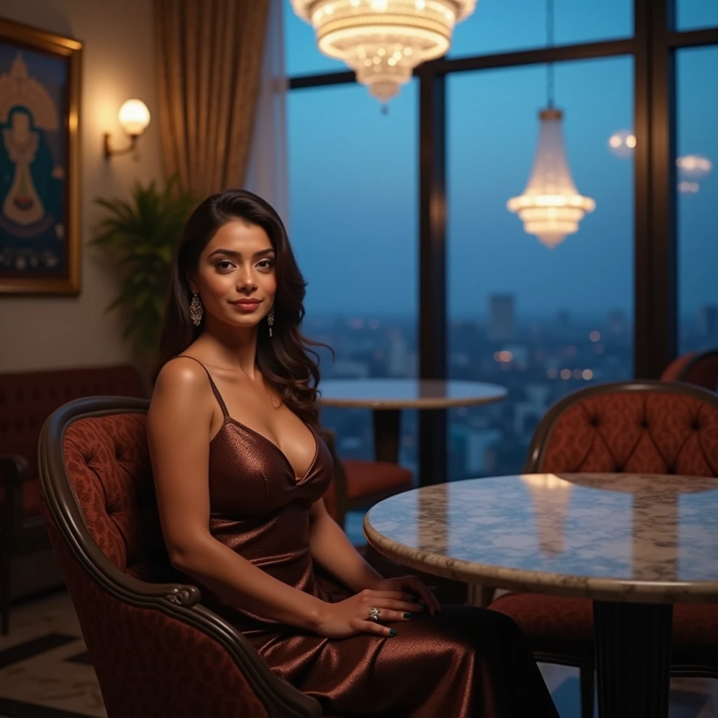 best quality,4k,8k,highres,masterpiece:1.2),ultra-detailed,(realistic,photorealistic,photo-realistic:1.37),srilankan 25 year old girl, with attractive facial features,beautiful detailed eyes,beautiful detailed lips,extremely detailed eyes and face,longeyelashes, fair skin tone. curvy huge breasts. is seated gracefully on a plush chair beside a round, polished table at a prestigious luxury hotel in Colombo. The woman is wearing a sophisticated evening dress. The background features grand chandeliers, and large windows offering a glimpse of Colombo's cityscape and blue sky at dusk