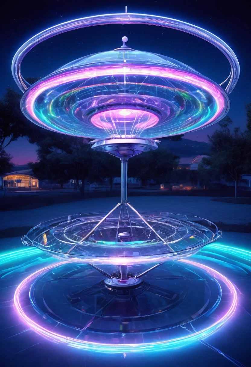 A UFO made of a metal-plated frame, a magic circle on the ground, and a kaleidoscope of iridescent neon lines in the sky, transparent, clear neon color, precision instruments, machines, machine parts, LED, wire cables, analyzers, labs, (ultra detailed, absolutely resolution, best quality:1.3), 2.5D, delicate and dynamic effects, artistic photography, hyper realistic, graphic CG digital art